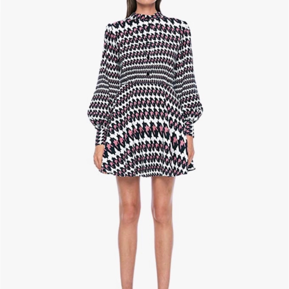 Jonny Cota Puff Long Sleeve Mini Dress Size XL Houndstooth Fit And Flare Preppy